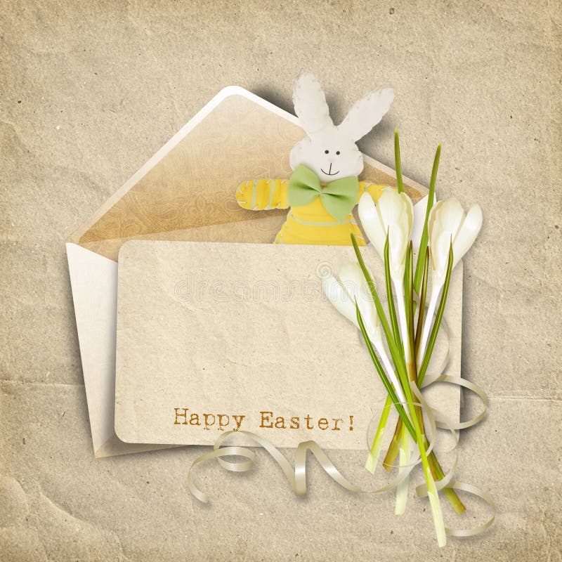 Vintage Easter card for congratulation. with old card, bunny and