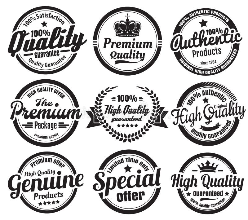 Nine scalable vector old school vintage eCommerce badges. 100% percent satisfaction, premium high quality and guarantee badges. Scalable vectors