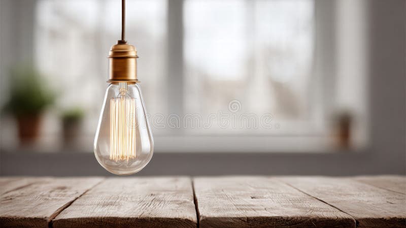 Vintage Edison bulb hanging above a rustic wooden table stock photo