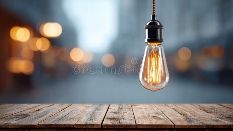 Vintage Edison bulb hanging above a rustic wooden table royalty free stock photos