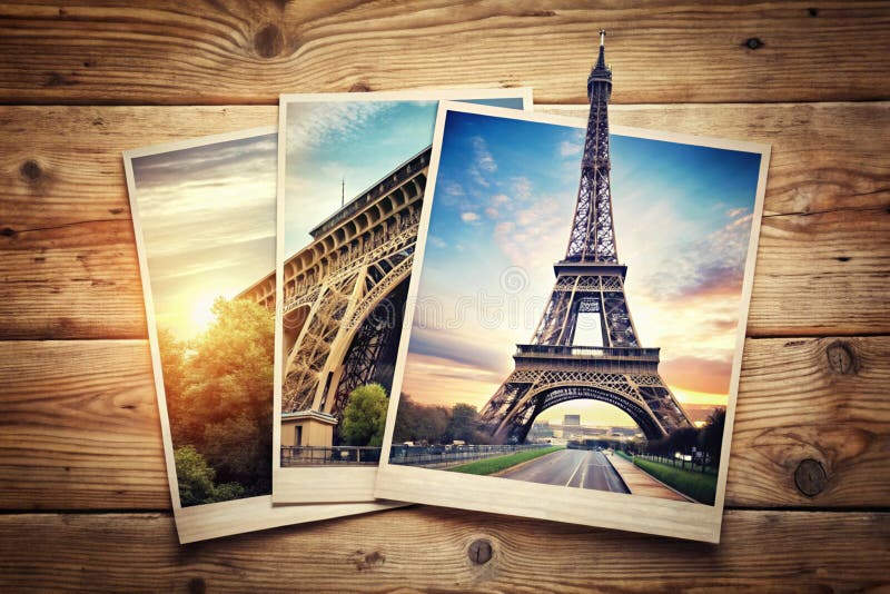 Vintage Eiffel Tower Instant Pictures on Wood Background aeuroTravel Fotografy lizenzfreie abbildung