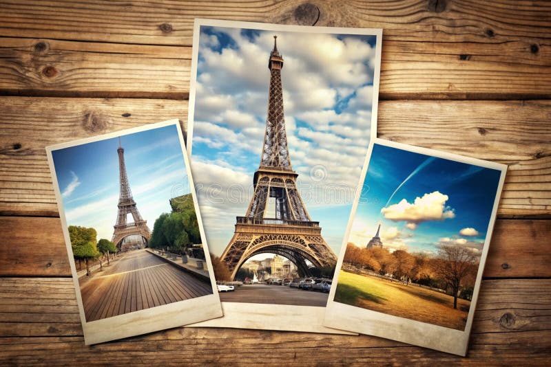 Vintage Eiffel Tower Instant Pictures on Wood Background aeuroTravel Fotografy lizenzfreie abbildung
