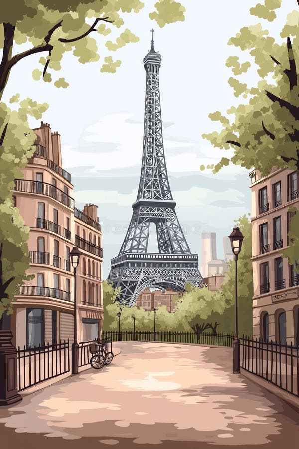Vintage eiffel Turm steht hoch in paris france. schöne Aussicht auf die Stadt mit alten Gebäuden Straße. romantisch stock abbildung