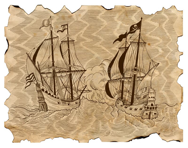 Vintage engraved illustration of pirate ships in sea battle on old parchment stock illustration Vintage engraved illustration of pirate ships in sea battle on old parchment stock illustration