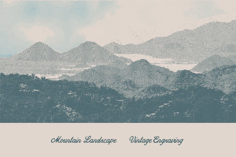 Vintage engraving style illustration of a mountain lansacape