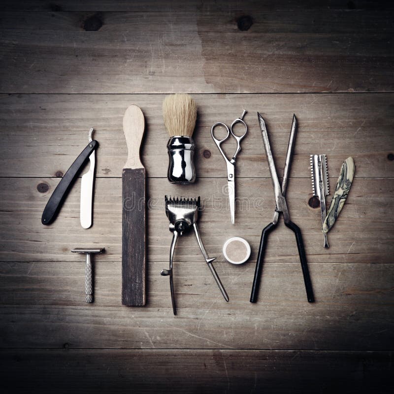 Vintage Equipment of a Barber on Wood Background Stock Image Image of