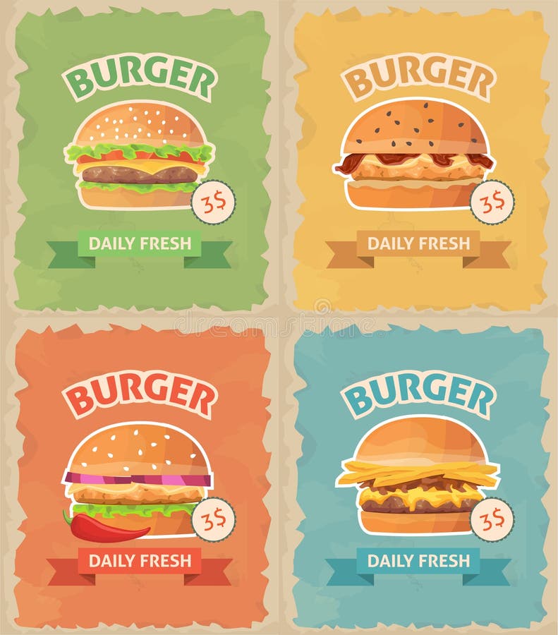 Vintage Fast Food Burger Set Posters. Retro Burger Isolated Vector