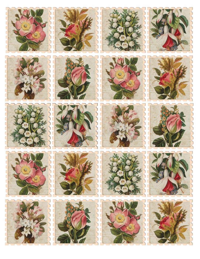 VINTAGE DECORATIVE FRENCH Faux Postage Stamps Floral Faux Stamps