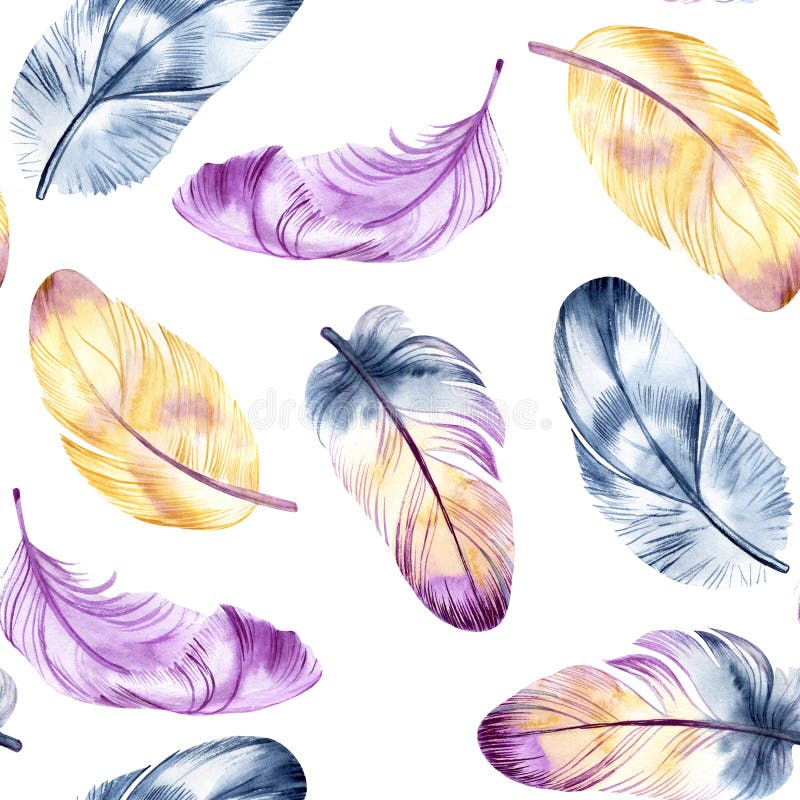 Vintage feathers design. Retro watercolour seamless pattern. Isolated on watercolor background. It can be used for card