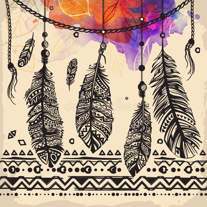 Vintage feathers ethnic pattern, tribal design, tattoo, for fabric print stock illustration Vintage feathers ethnic pattern, tribal design, tattoo, for fabric print stock illustration
