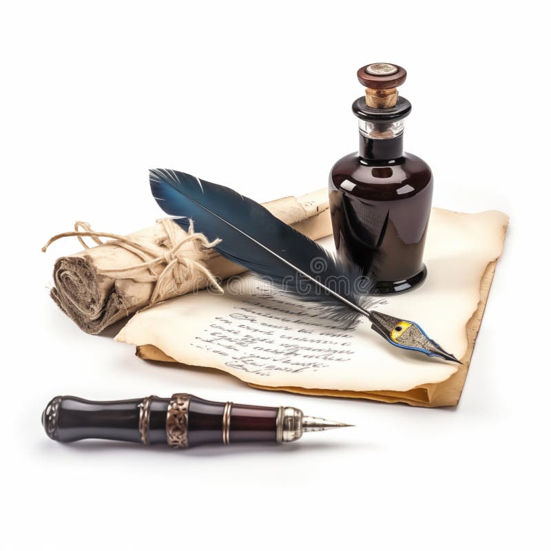 Vintage Federquill Stift und Tintenflasche mit gerolltem Pergamentpapier stock abbildung