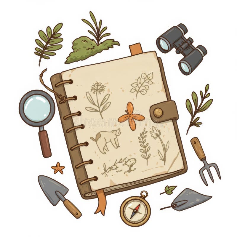 Vintage Feld Notebook with Botany and Zoology Illustrations on a White Background stock illustration
