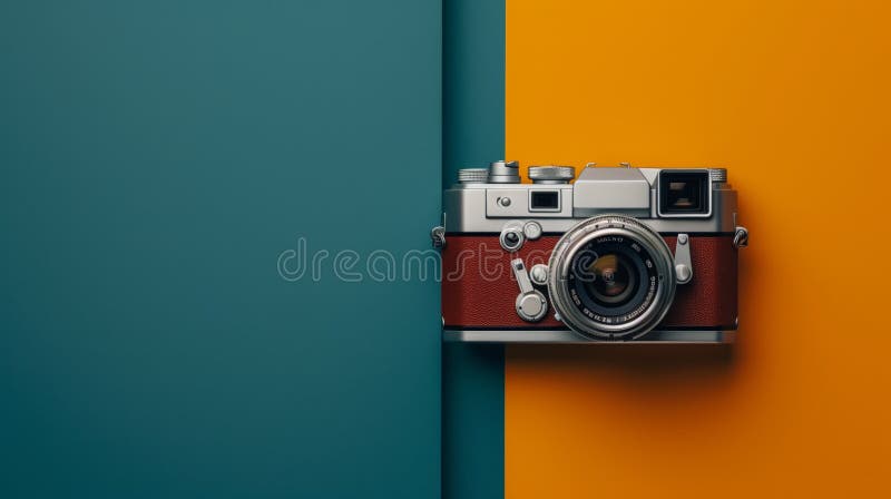 A vintage film camera sits on a teal and orange background stock images