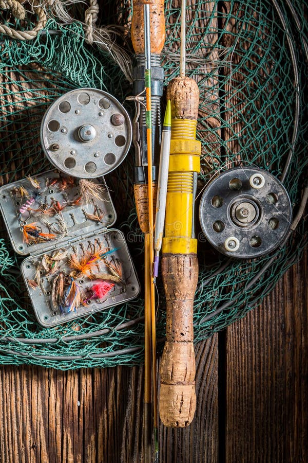 Vintage Fishing Tackle with Rod and Lures. Fishing Preparation