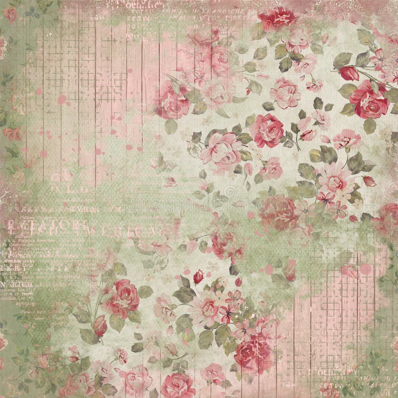 Vintage Floral Collage Background - Damask - Cottage Roses - Pink ...