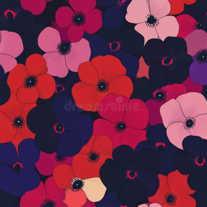 A vintage floral seamless pattern with bright abstract flowers and a flower meadow, highlighted by multicolor brush stock image