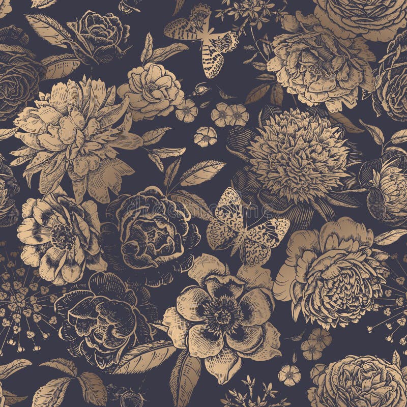 Vintage floral seamless pattern. Peonies, roses and butterflies