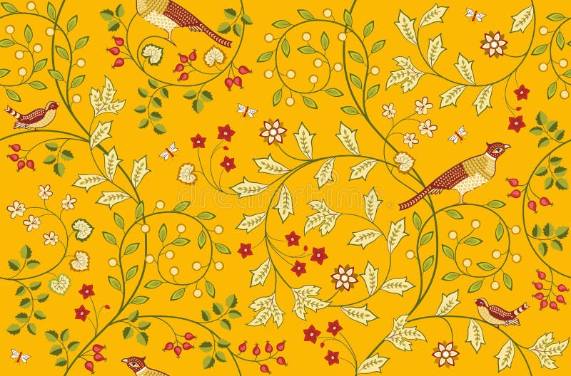 Vintage seamless fabric pattern with flowers and birds on orange background. Middle ages William Morris style. Vector