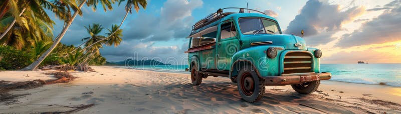 Vintage Food LKW auf einem tropischen Strand bei Sonnenuntergang perfekt für einen entspannenden und köstlichen Urlaub Erfahrung stock abbildung