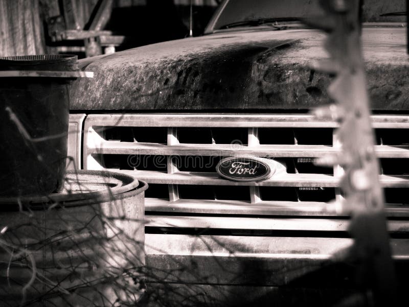 Vintage Ford truck sit in a barn stock photo Vintage Ford truck sit in a barn stock photo