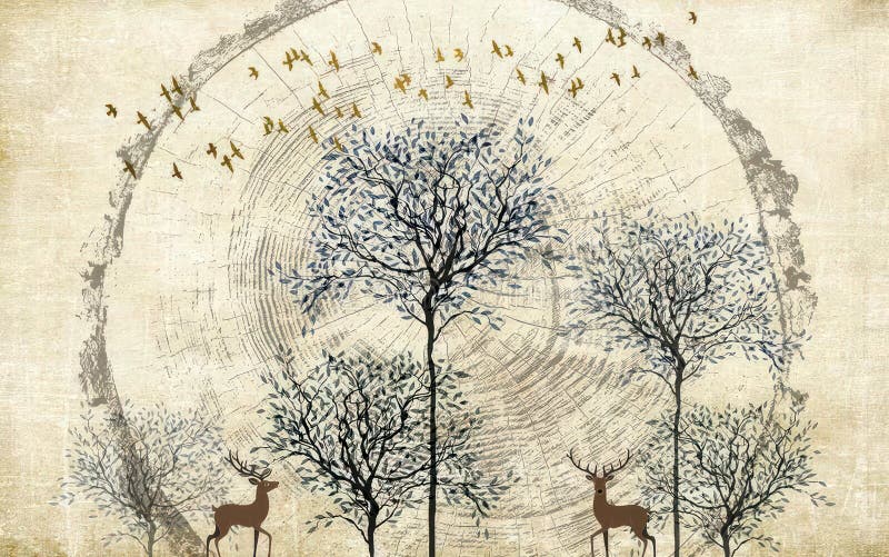 Vintage forest art print with deer and birds flying nature wall decor tree ring woodgrain background design vector illustration