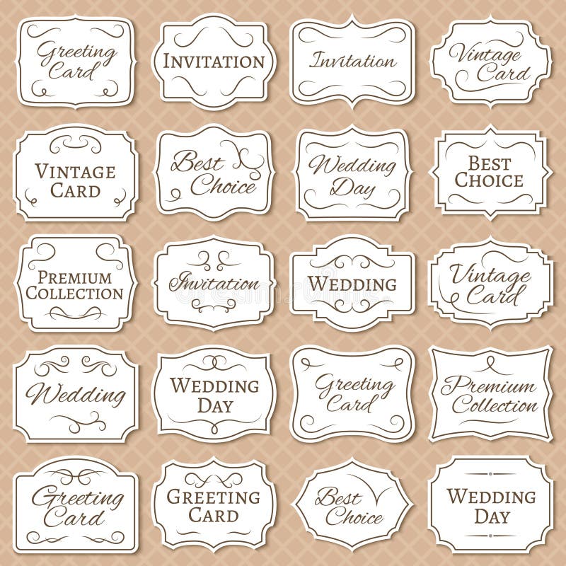 Vintage frames with floral ornament. Retro victorian wedding labels. Antique vector stickers isolated