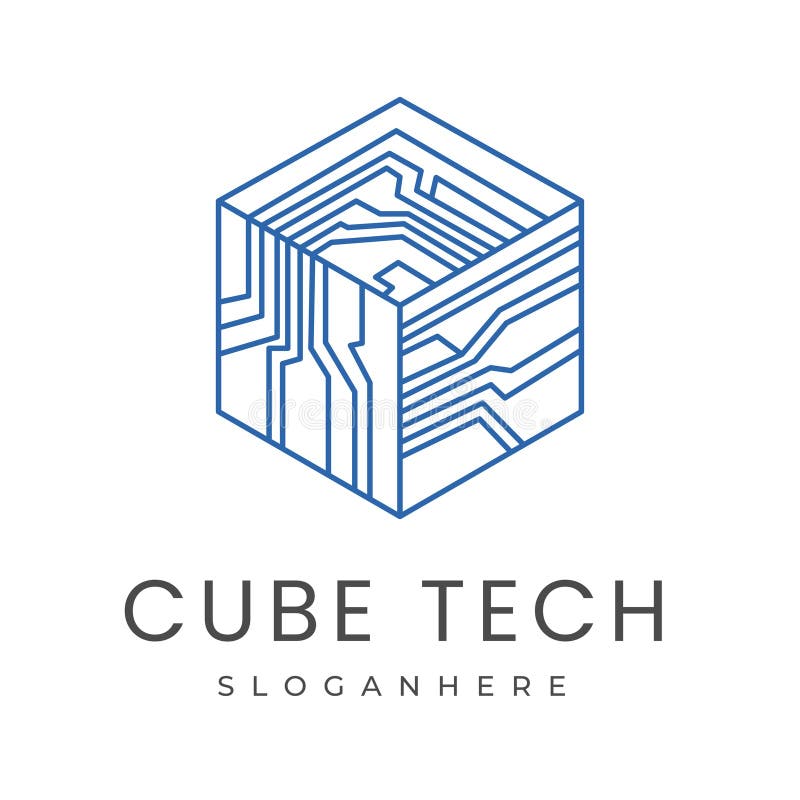 Vintage Futuristic Box Cube Digital Electronic Circuit Chip design for Smart Tech Logo design,symbol design template stock illustration