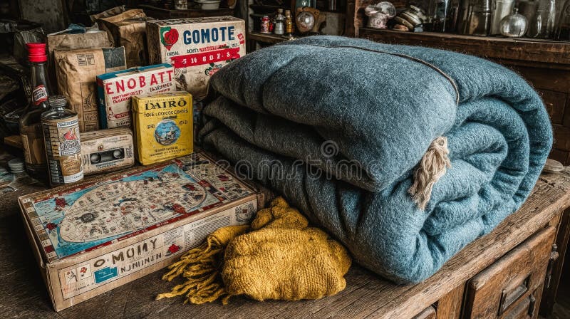 Vintage Garage Sale Display with Faded Board Games and Antique Items vector illustration