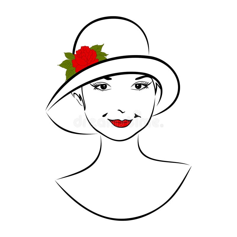 Vintage girl face in hat with rose