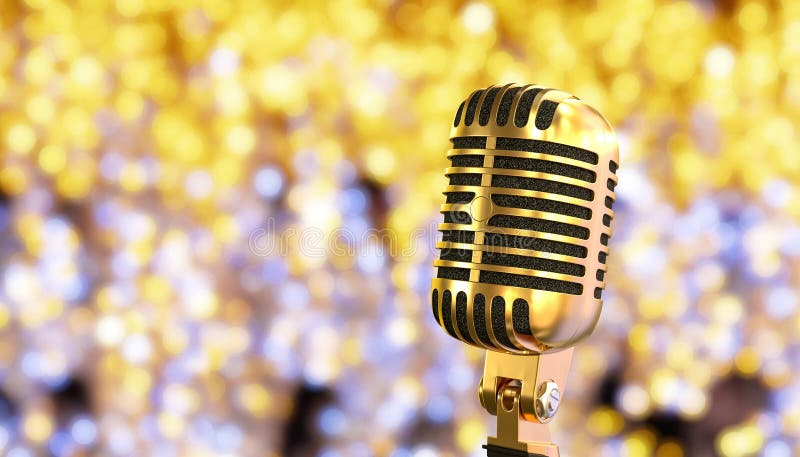 Vintage gold microphone and blurred background with twinkling lights stock illustration