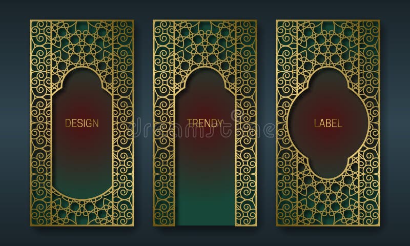 Vintage golden packaging design in oriental style. Set of ornate labels templates for trendy goods. Arabesque backgrounds with vector illustration Vintage golden packaging design in oriental style. Set of ornate labels templates for trendy goods. Arabesque backgrounds with vector illustration