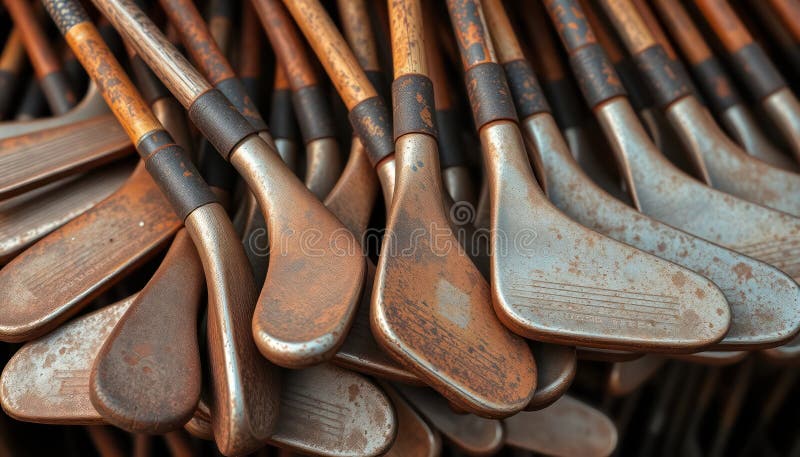 Vintage golf clubs display antique beauty. Rusted, weathered clubs show sports equipment history. Old metal, wood sports vector illustration