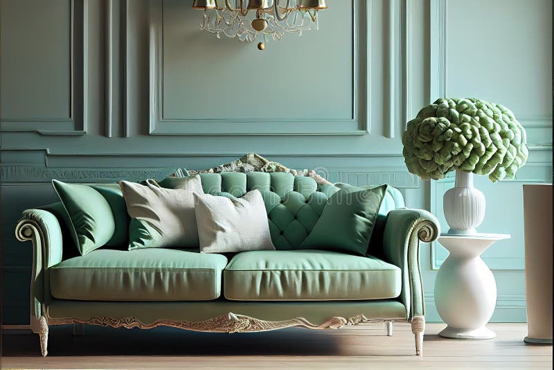 Vintage Green sofa in room stock illustration. Illustration of indoor