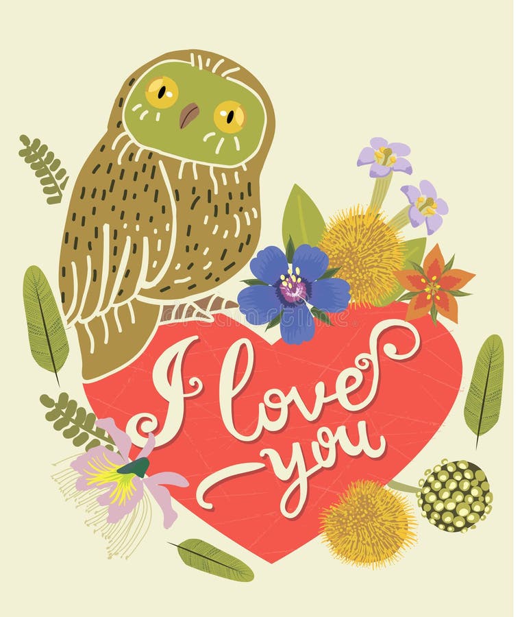 Vintage Greeting Card With Cute Owl. Heart And Floral Wreath. Beautiful Background. Can Be Used As Greeting Card.