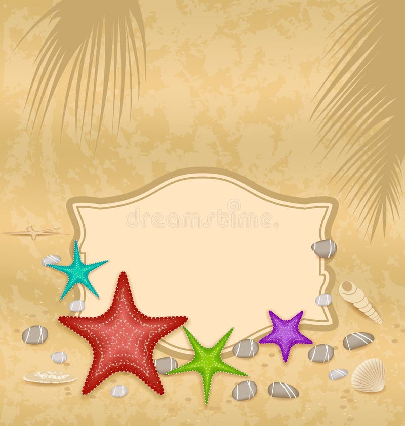 Vintage greeting card with shells and starfishes a stock illustration Vintage greeting card with shells and starfishes a stock illustration