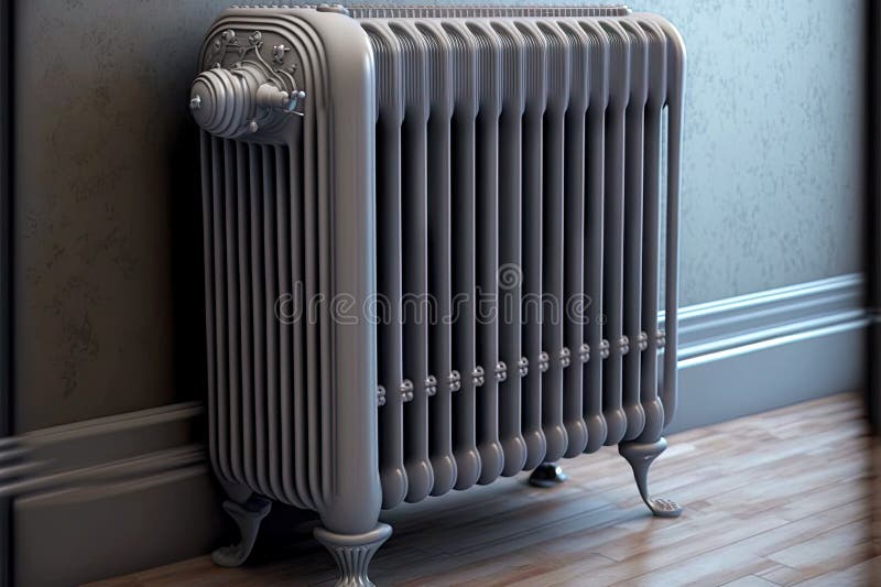 Vintage Grey Heating Radiator with Thermostat on Legs Stock