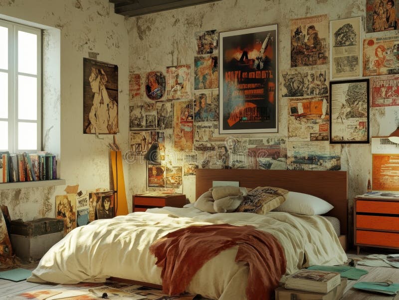 Vintage Grunge Bedroom with Artistic Posters Stock Illustration