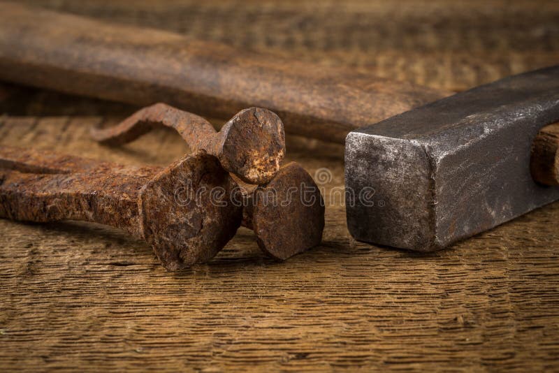 vintage hammer nails wood background old rusty table 53255379