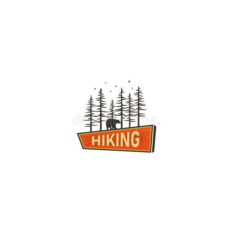 Vintage Hand drawn camping sign, travel badge - Hiking sign. Old retro style. Camping sign concept wih bear in the forest. Stock vector illustration isolated on white bckground.