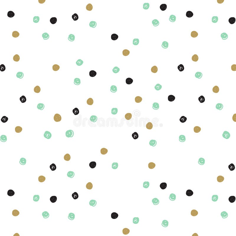 Vintage hand drawn doodle seamless pattern with black, pink and gold dots.