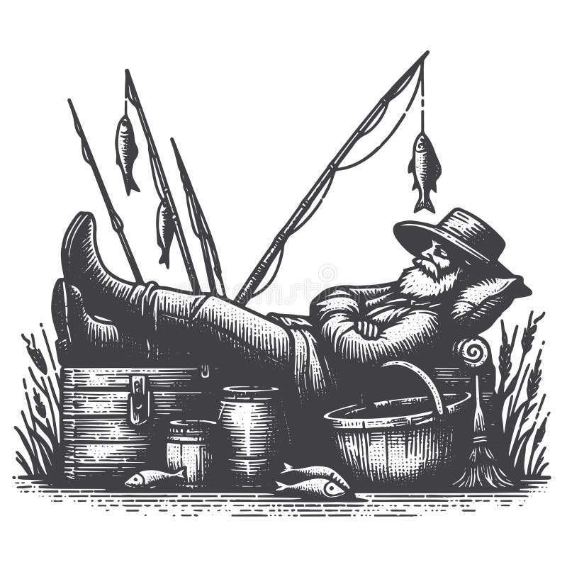 Vintage Hand Drawn Fisherman Sleeping Coastal Heritage Engraved Vector Apparel. vector illustration