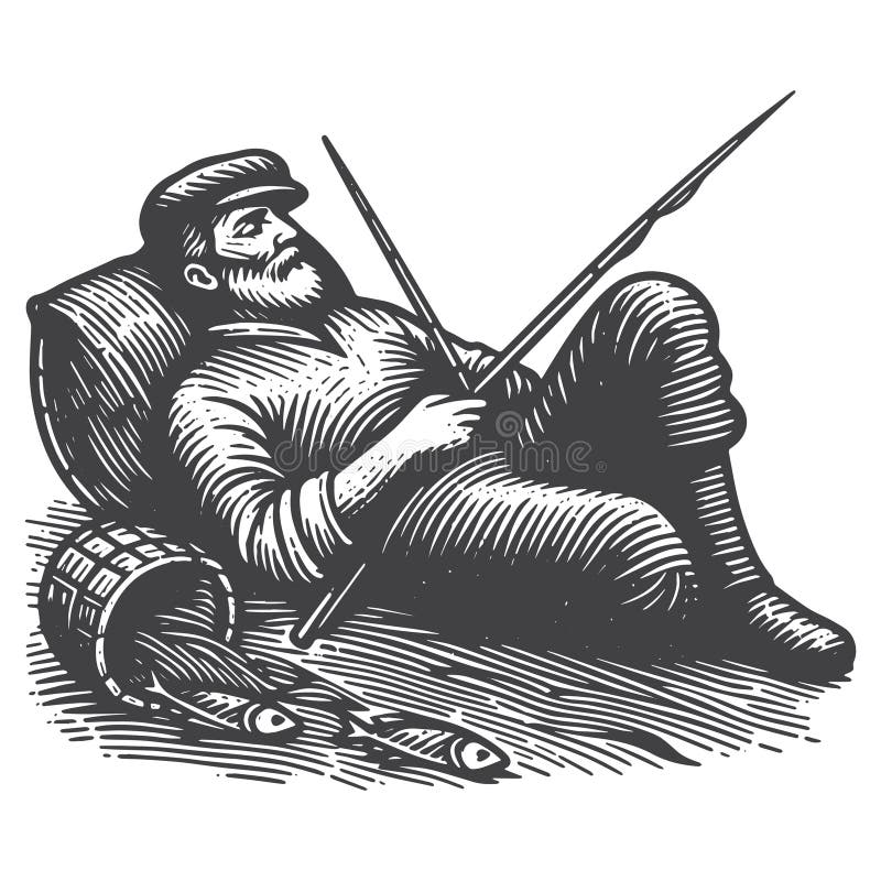 Vintage Hand Drawn Fisherman Sleeping Coastal Heritage Engraved Vector Apparel. royalty free illustration