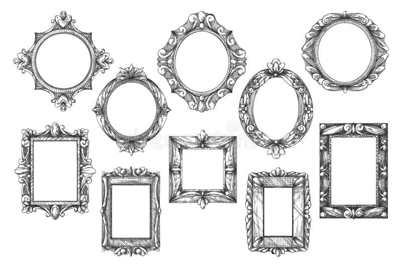 Vintage hand drawn old outline picture frame set