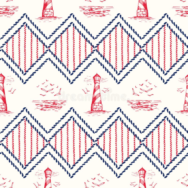 Vintage Hand-Drawn Rope Chevrons with Lighthouse, Seagulls Scenery and Nautical Knots Vector Seamless Pattern vector illustration Vintage Hand-Drawn Rope Chevrons with Lighthouse, Seagulls Scenery and Nautical Knots Vector Seamless Pattern vector illustration