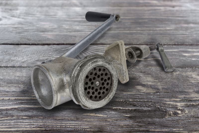 Vintage Hand Meat Grinder on the Old Rustic Table Stock Photo Image