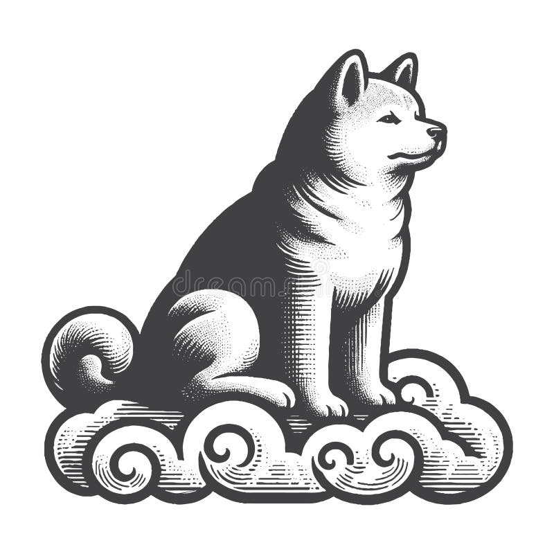 Vintage HandDrake Akita sentado en un vector de nube. ilustración del vector