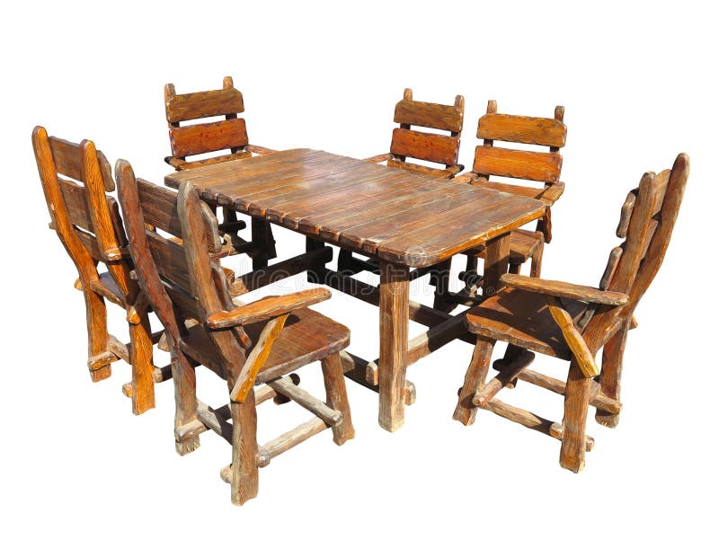 Wooden Handmade Garden Bench with Cart Wheel Decoration Isolated Stock