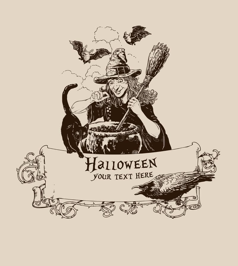 Vintage helloween witch making potion poster vector illustration
