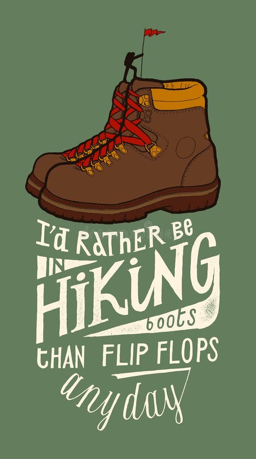 Vintage hiking Bots med en tine hiking-person överst på dem och ett motiverat citat royaltyfri illustrationer