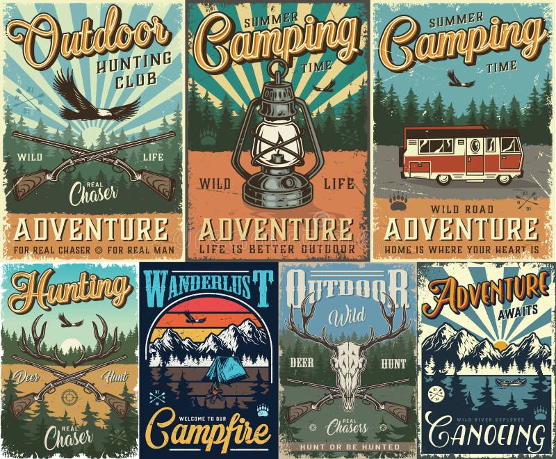 Vintage hunting and camping colorful posters